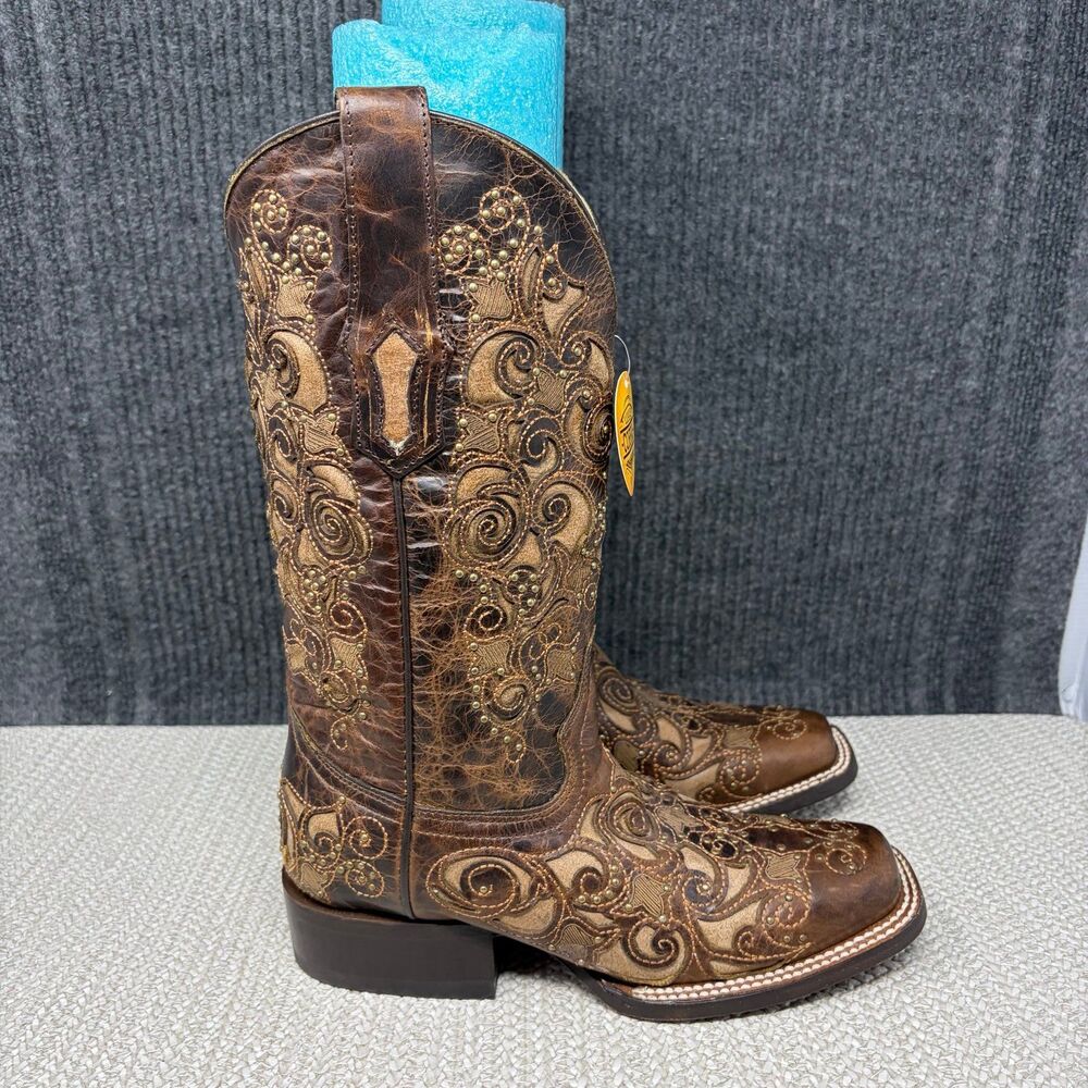 NEW Corral Inlay Embroidery Studs Brown Square Toe Western Boots A3326 Womens 6M